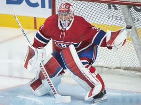 Canadiens goaltender Carey Price warms up prior to a game against the New York Islanders in Montreal on Friday, April 15, 2022. “I just wanted everybody to know that I’m doing well and I’m looking forward to the future," Price said after returning to the ice after missing most of the season. "I didn’t feel quite normal, but pretty close. I just felt kind of an overwhelming sense of focus.”