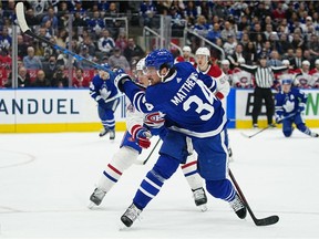 Maple Leafs forward Auston Matthews (34) scores his second goal of the first period against the Canadiens at Scotiabank Arena on Saturday, April 9, 2022, in Toronto.