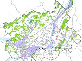 The Montreal Metropolitan Community announced on Thursday a regulation that will extend the protection of green spaces and wetlands within its territory by an additional 12,367 hectares. Shown here are protected lands, in green, protected wetlands, in blue, and the protected habitat of the Western chorus frog, in pink.