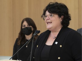 Government MNA and committee president Nancy Guillemette speaks at a news conference on the legislature committee's report on medically assisted death on Dec. 8, 2021, at the legislature in Quebec City.