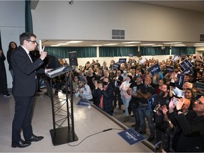 Quebec Conservative Leader Eric Duhaime speaks to supporters at a rally where he announced he will run in the Chauveau riding in the next provincial election in October, Tuesday, April 5, 2022 in Quebec City.