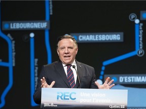 Quebec Premier François Legault announces the new public transportation network, including a tramway and a tunnel to connect Lévis to Quebec City, May 17, 2021.