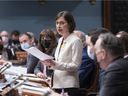 Quebec Minister of Higher Education Danielle McCann tables a legislation Wednesday, April 6, 2022 at the legislature in Quebec City.