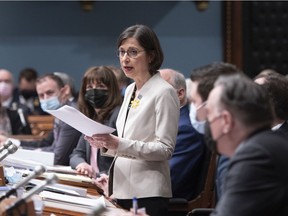 Quebec Minister of Higher Education Danielle McCann tables Bill 32 Wednesday, April 6, 2022 at the legislature in Quebec City.