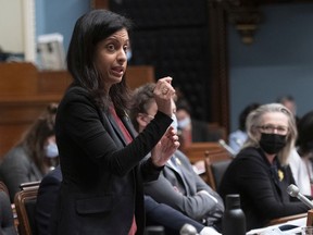 Quebec Liberal Leader Dominique Anglade questions Premier François Legault over the Herron senior home during question period on April 6, 2022, at the legislature in Quebec City.