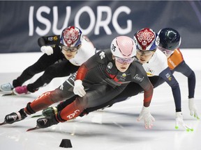 Kim Boutin of Sherbrooke (35) skates to a second-place finish during the 1,500-metre final at the ISU World Short Track Speed Skating Championships in Montreal on Saturday, April 9, 2022.
