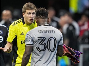CF Montréal goalkeeper Sebastian Breza and forward Romell Quioto react after draw with Atlanta United at Mercedes-Benz Stadium in Atlanta on March 19, 2022.