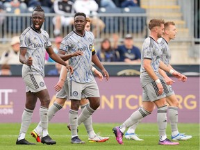 CF Montréal forward Kei Kamara (23) reacts after scoring a goal during the second half against the Philadelphia Union at Subaru Park on April 23, 2022.