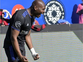 CF Montréal defender Kamal Miller reacts after scoring a goal against Atlanta United FC during the first half at Saputo Stadium in Montreal on Saturday, April 30, 2022.