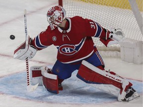 Montreal Canadiens' Carey Price makes a blocker save against the Florida Panthers during the first period  at the Bell Centre in Montreal on April 29, 2022.