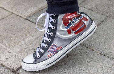 Torontonian John Catenacci wore a custom pair of sneakers to the Guy Lafleur public visitation at the Bell Centre in Montreal Monday, May 2, 2022.