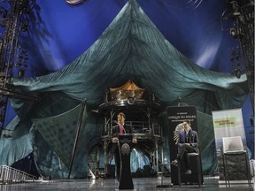 "We could see two organizations whose missions could complement well and bring people back to Montreal, contributing to the revival of cultural and artistic sectors here,” says Cirque du Soleil CEO Stéphane Lefebvre, right, with Tourisme Montréal CEO Yves Lalumière under the Cirque's big top in the Old Port on Wednesday, May 4, 2022.
