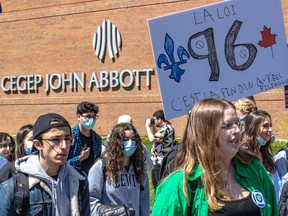 John Abbott College student union, college administration and the teachers' union (JACFA) members protested against Bill 96 at the college in Sainte-Anne-de-Bellevue on Thursday May 5, 2022. "After the student demonstrations at English CEGEPs, Radio-Canada published an article on its website about John Abbott College that portrayed a privileged, anachronistic enclave," Robert Libman writes.