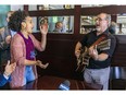 Singer Sylvie DesGroselliers and musician Deacon George improvise a blues number during press conference on Tuesday to promote this year's version of the West Island Blues Festival.