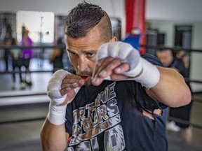 David Lemieux shadow boxes during training session at Ramsay Boxing Academy in Montreal on May 12, 2022.