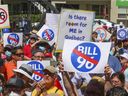 Opponents of Bill 96 held a protest in Montreal on Saturday, May 14, 2022. French from Saskatchewan,