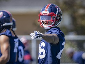 Defensive-back/linebacker Tyrice Beverette takes part in an Alouettes training camp practice in Trois-Rivières on Wednesday.