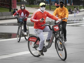 Bixi riders were enjoying the cool weather at Place des Festivals May 23, 2022.