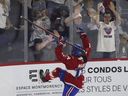 Laval Rocket's Danick Martel celebrates his second goal of the night in the second period of Game 1 between Laval Rocket and Rochester Americans at Place Bell in Laval on May 22, 2022.