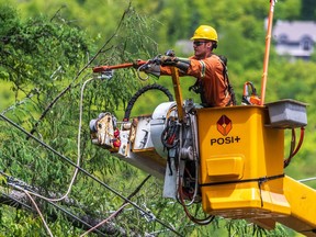 Hydro workers were tending to tree branches on power lines in the Morin-Heights area May 24, 2022.