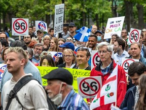 Hundreds of Montrealers gathered at Place du Canada on May 26, 2022 to protest Bill 96.