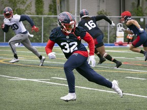 Defensive-back Rodney Randle Jr. performs a special-teams drill during Montreal Alouettes training-camp practice in Trois-Rivières on May 26, 2022.