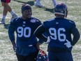 Almondo Sewell, left, during Alouettes practice at the Olympic Stadium in Montreal on July 28, 2021.