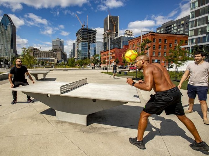  A game of soccer table tennis at Parc Bonaventure, a space once taken up by the concrete infrastructure of the Bonaventure Expressway.