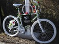 A ghost bike was installed at St-Laurent Blvd. and de Liège St. in December 2021 in memory of Normand Chatelois, who was killed while riding his bike on Nov. 9, 2021.