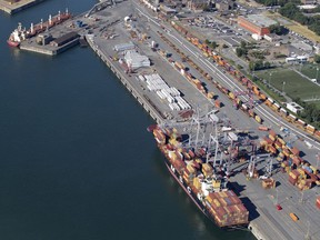 A container ship unloads in the Port of Montreal.