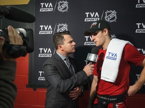 TVA Sports journalist Renaud Lavoie talks to Ottawa Senators' Kyle Turris in a post-game interview in 2016. TVA Sports cut off Bell TV customers in 2019 as part of a carriage dispute, until a court and the CRTC ordered it to restore its signal.