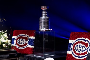 The Stanley Cup on display during the visitation for Guy Lafleur at Montreal's Bell Centre on May 1, 2022.