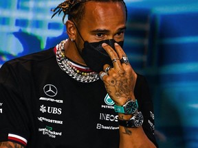 Mercedes' British driver Lewis Hamilton attends the press conference for the first practice at the Miami International Autodrome for the Miami Formula One Grand Prix, in Miami Gardens, Fla., on Friday, May 6, 2022.