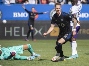 CF Montréal's Joel Waterman (16) reacts after scoring against Orlando City during first half MLS soccer action in Montreal on Saturday, May 7, 2022.