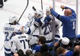 Tampa Bay Lightning forward Nick Paul (20) celebrates with teammates after scoring a goal against the Toronto Maple Leafs in game seven of the first round of the 2022 Stanley Cup Playoffs at Scotiabank Arena on Saturday, May 14, 2022.
