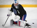 Laval Rocket goalie Cayden Primeau during practice on Feb. 14, 2022.