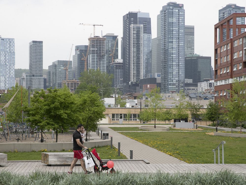 The downtown skyline near Allee des Vraquiers in Griffintown on Monday May 16, 2022.