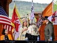 Tk'emlups te Secwepemc Kukpi7 (Chief) Rosanne Casimir and Canada's Governor General Mary Simon attend a memorial event marking the first anniversary of the discovery of unmarked Indigenous children's graves at the Tk'emlups Pow Wow Arbour in Kamloops, B.C., May 23, 2022.