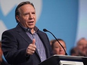 Premier François Legault delivers the closing speech at the CAQ policy convention in Drummondville on May 29, 2022.