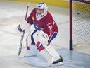 Laval Rocket goaltender Cayden Primeau warms up before an AHL playoff game against the Syracuse Crunch in Laval on May 12, 2022.