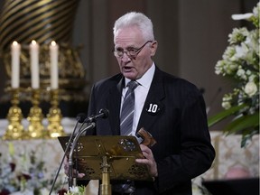 Former Canadiens defenceman Larry Robinson speaks at the funeral services for Habs legend Guy Lafleur at Mary, Queen of the World Cathedral in Montreal on May 3, 2022.