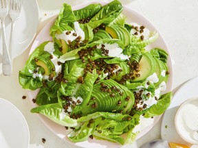 Jess Damuck tops lettuce and avocado with yogurt dressing and fried capers.