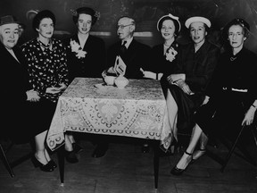 The Ladies' Committee of the Montreal Museum of Fine Arts held its annual meeting on May 30, 1951. Among those present were, from left, Mrs. Maurice Hudon, secretary; Mrs. Paul Fontaine, vice-president; Mrs. Anson McKim, honorary president; Cleveland Morgan, president of the MMFA; Mrs. Gault Durnford, president; Mrs. George Scott, vice-president; and Mrs. Louis Gélinas.