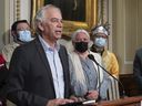 Ghislain Picard, chief of the Assembly of First Nations Quebec-Labrador, comments on Bill 96 at a news conference Tuesday, May 10, 2022 at the legislature in Quebec City. Québec solidaire MNA Manon Massé and Kevin Deer look on.