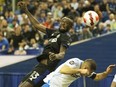 CF Montréal forward Kei Kamara goes up for a loose ball with Cruz Azul defender Pablo Aguilar during second  half of Champions League quarter-final on March 16, 2022, in Montreal.