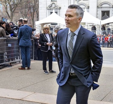 Montreal Canadiens coach Martin St. Louis arrives for the funeral for Guy Lafleur at Mary Queen of the World Cathedral in Montreal Tuesday May 3, 2022.
