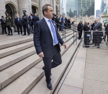 Montreal Canadiens owner Geoff Molson outside Mary Queen of the World Cathedral in Montreal prior to Guy Lafleur's funeral Tuesday, May 3, 2022.