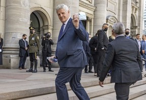 Former teammate Chris Nilan arrives for the funeral for Guy Lafleur at Mary Queen of the World Cathedral in Montreal Tuesday, May 3, 2022.