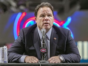 Jeff Gorton, executive vice-president of hockey operations answers a question at news conference introducing Kent Hughes as the Montreal Canadiens' new general manager at the Bell Centre in Montreal on 19, 2022.