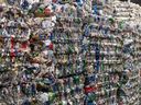 Recycled plastics stacked up at a Montreal facility.